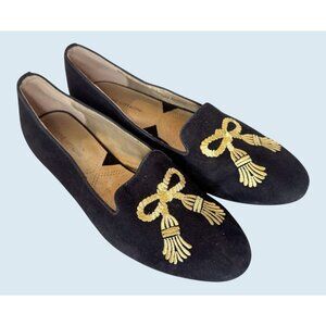 Adrienne Vittadini Black Gold Tassel Embroidered Loafer / Flat Sz 8.5